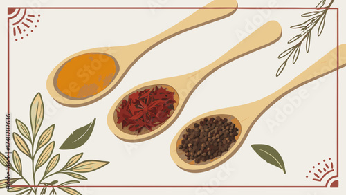 Spices and Herbs in Wooden Spoons Culinary and Ingredient Illustration.