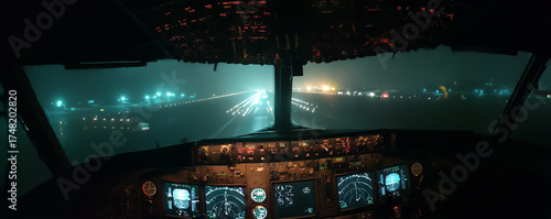 Cockpit view of runway lights illuminating a foggy night during approach to landing