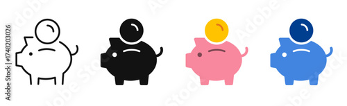 Piggy bank simple icons in line and flat style. Piggybank, baby pig icon. vector