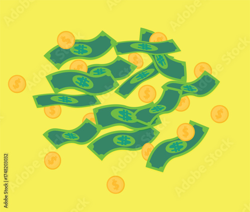 Moneys spread with Gold Coins with Yellow Background