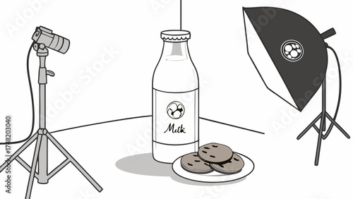 Studio Still Life Milk Cookies and Photographic Equipment Illustration.
