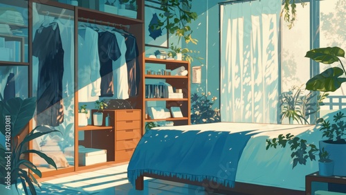 朝日が差し込む植物のある寝室 ナチュラルインテリアイラスト