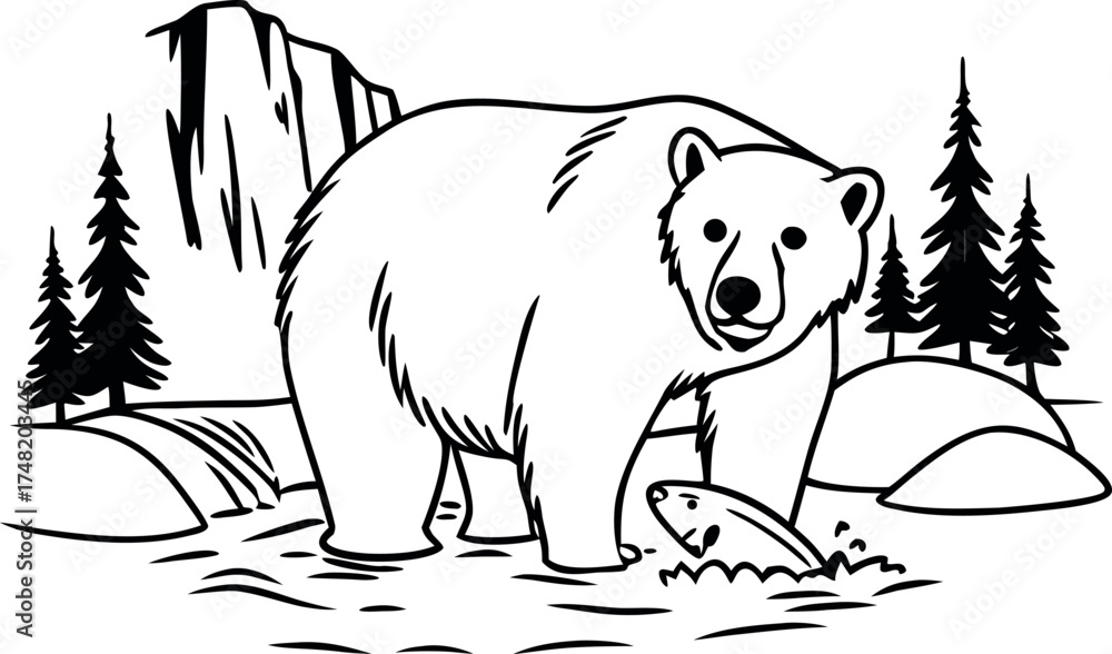 Fototapeta premium Bear Catching Fish Line Art Coloring Page