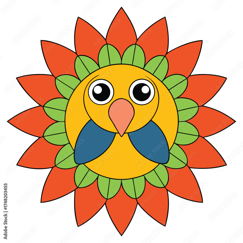 Fototapeta premium Vector art of a charming cartoon illustration of a stylized bird with vibrant orange and green plumage, set against an, perfect for childrens designs and educational materials
