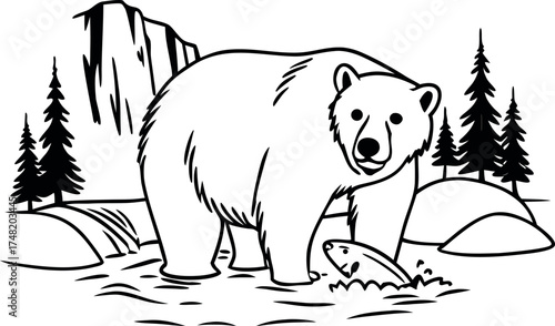 Bear Catching Fish Line Art Coloring Page