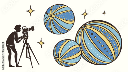 Illustration of a Photographer and Abstract Spheres.