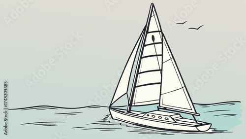 Illustration of a Sailing Boat on the Water with Birds.