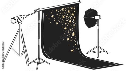 Illustration of a Photography Studio Setup with Background Lighting and Equipment.