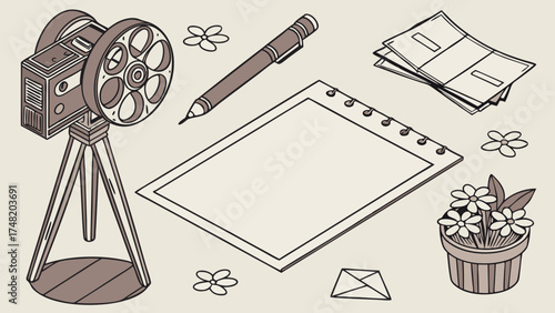 Vintage Film Projector and Stationary Set Illustration.
