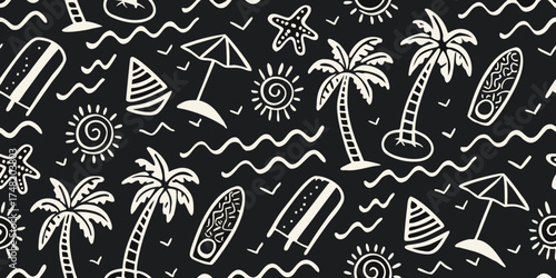 Whimsical hand drawn tropical beach pattern with palm trees surfboards sun and waves