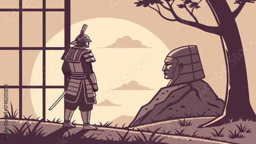 Warrior facing statue sepia illustration.