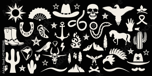 Collection of western and wild west icons and symbols on a black background