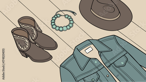 Western fashion essentials cartoon illustration accessories flat lay.