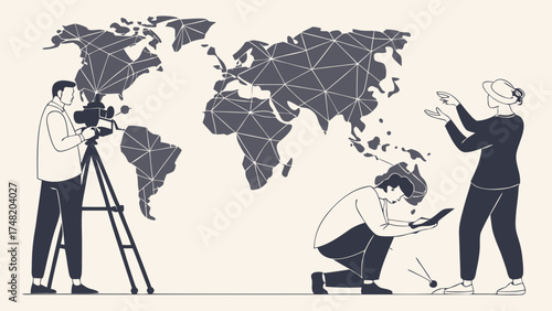 Illustration of global news team in action with world map background.