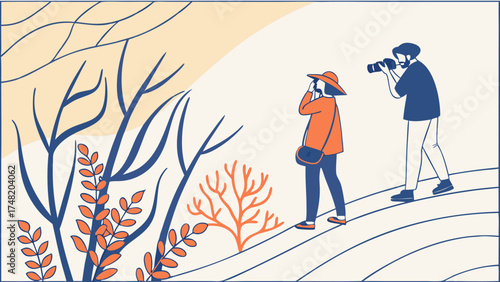 Illustration of Photographers in Nature Vector Art Scenic View.