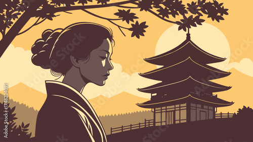 Woman in kimono in front of an Asian structure with a sunset background a serene composition.