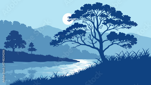 Landscape illustration of nature and trees in blue tones serene artwork for background themes.