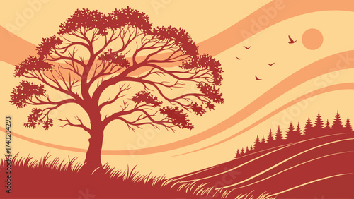 Landscape Illustration with Tree Birds and Sunset.