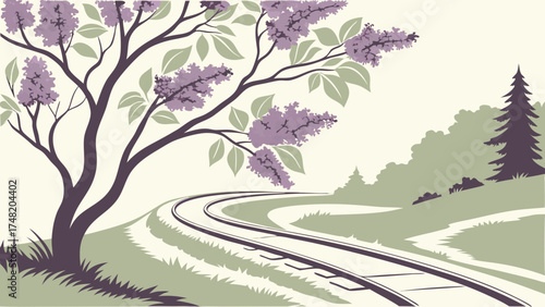 Lilac Tree and Train Tracks - Scenic Landscape Illustration.