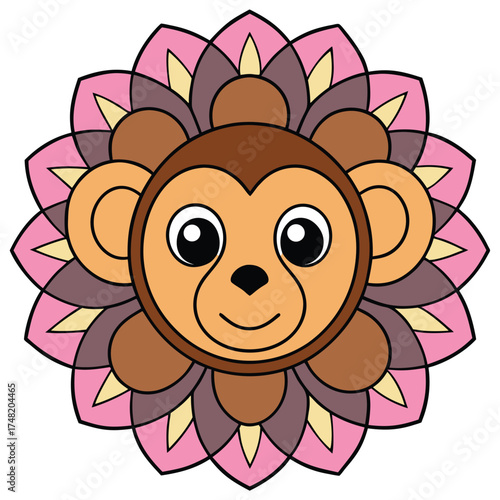 Vector art of adorable monkey mandala, a whimsical fusion of wildlife and art, radiating charm and playfulness in a delightful circular design for creative projects