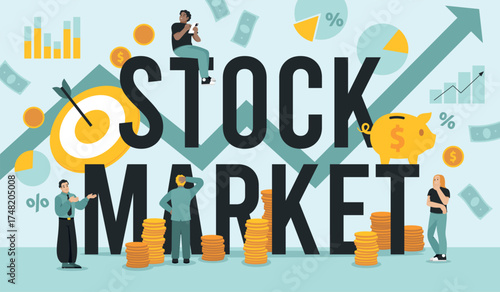 Stock market large word. Header typographic, people trade on stock exchange, financial brokerage and investment, earnings growth and revenue cartoon flat isolated tidy vector concept