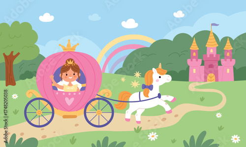 Princess in carriage. Fairy kingdom landscape, pretty girl in crown, chariot with funny unicorn, road to royal castle, fairytale character cartoon flat isolated garish vector concept