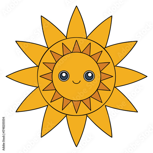 Vector art of a cheerful cartoon sun with a cute face, radiating warmth and happiness, its vibrant colors and playful design evoke a sense of joy and positivity