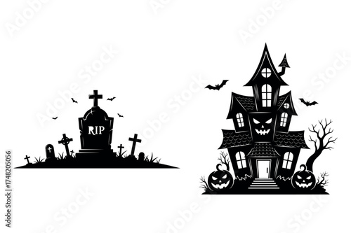 Vector icon spooky haunted house and graveyard for halloween