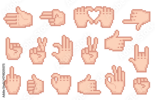 Pixel art hands. Different fingers gestures, 8 bit icons isolated, retro video arcade games assets, arms signs cursors, peace and finger pointing symbol, qualitative vector set