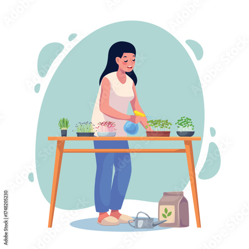 Microgreens farming. Cartoon happy woman sprays sprouts of greenery in pots, germination of seeds, healthy vegetarian food, growing superfood at home, plants gardening classy vector concept
