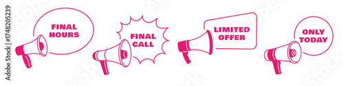 Megaphone labels. Monochrome pink speaker icons, advertising and promotional text, marketing moves, loud sound devices, silhouette loudspeakers with speech bubbles, garish vector set