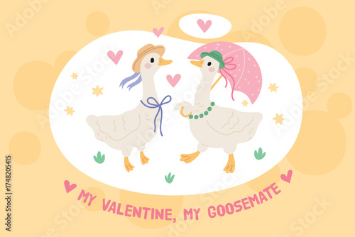 Geese couple in love. Cute romantic birds in pretty hats, funny female and male character, valentines day holiday card design, first date, cartoon isolated garish vector concept