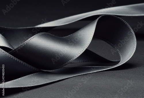 Close-up of sleek grey ribbon drifting over a dark, moody surface.