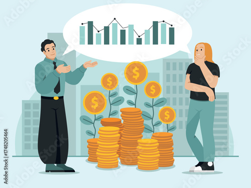 Financial investments people. Broker talks to investor, stock market, receiving dividends, analytic, difference trading, family planting money tree, tidy vector cartoon isolated concept