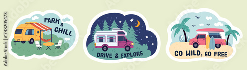 Funny campers stickers. Vans, caravans, road home trailers, travel in nature, camping transport, outdoor recreation, summer forest trip, prints design. Garish vector cartoon set