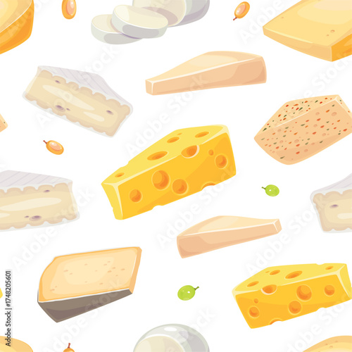 Cheese types seamless pattern. Repeated farm dairy products, different varieties, gourmet food, brie, maasdam, kitchen textile, wrapping paper, packaging. Print classy vector background