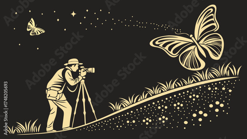 Photographer Capturing Butterfly Artistic Illustration on Dark Background.