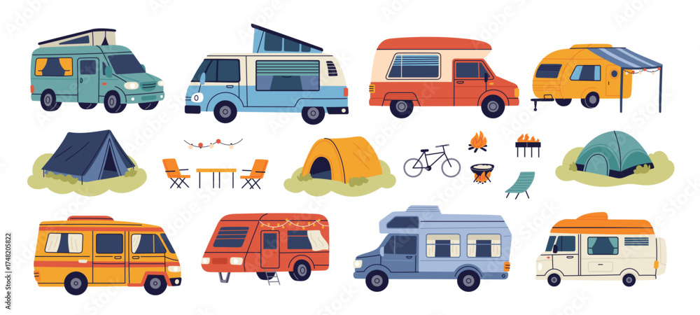 Naklejka premium Cartoon campers. Different types vans, trailers, summer trucks and caravans, holiday recreational vehicles, camping vacation travel adventure cartoon flat style isolated garish vector set