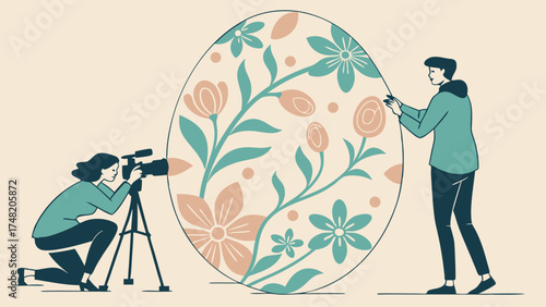 Photographers and Stylist working together on a Large Egg Decoration.