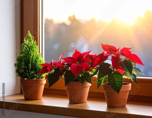 Potted poinsettias and mini evergreens on windowsill