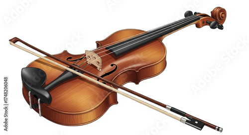 A wooden violin with a bow and detailed carvings cutout isolated transparent bg png