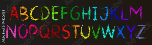 Crayon kids font with rainbow colors on dark background. Doodle playful alphabet, hand drawn letters. Cartoon wax crayon abc for school, kindergarten and educational design. Vector illustration