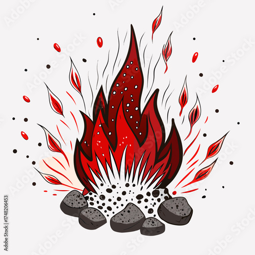 Flame of fire with sparks, color vector illustration. Burning glowing particles. EPS version.