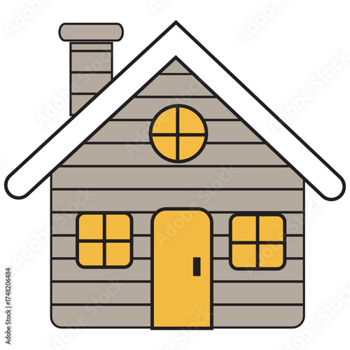  A cute grey house with a chimney and two windows
