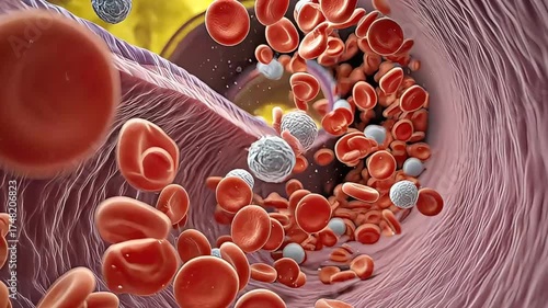 Flow of red cells inside artery, medical illustration.