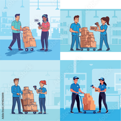 Illustration showing warehouse workers scanning boxes on a cart in a warehouse setting.