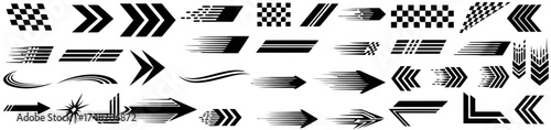 Large Set of Black Speed Arrows, Motion Lines, Racing Stripes, and Checkered Flag Vectors for Automotive and Sports Design

