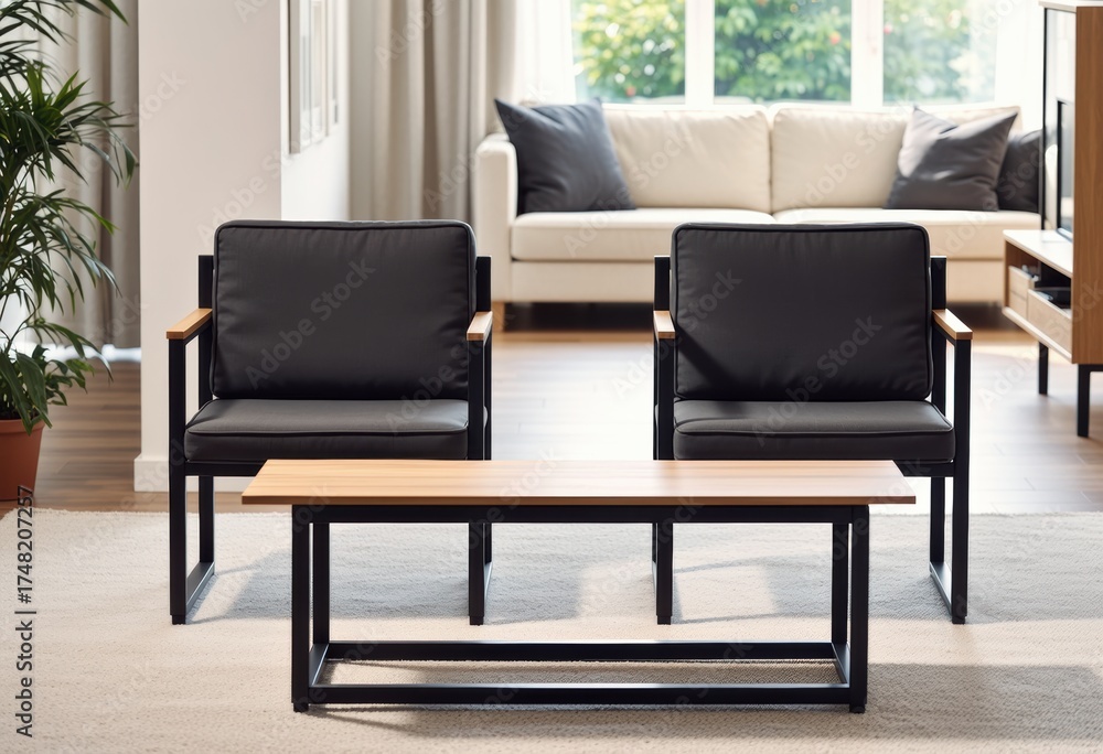 Fototapeta premium Modern living room with black leather chairs and a wooden coffee table