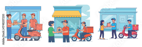 Three scenes depict delivery drivers on scooters handing packages to customers in front of shops.