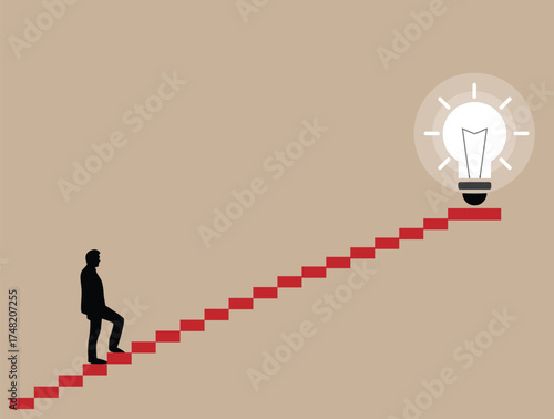 Business Man Walking up the Stairs with Light Bulb. White collar workers and company leader CEO looking for solution